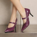 パンプス レディース 女性用 ファッション シューズ 面ファスナー メリージェーン ストラップ ポインテッドトゥ エナメル調 光沢 クロコダイル柄 ハイヒール ...