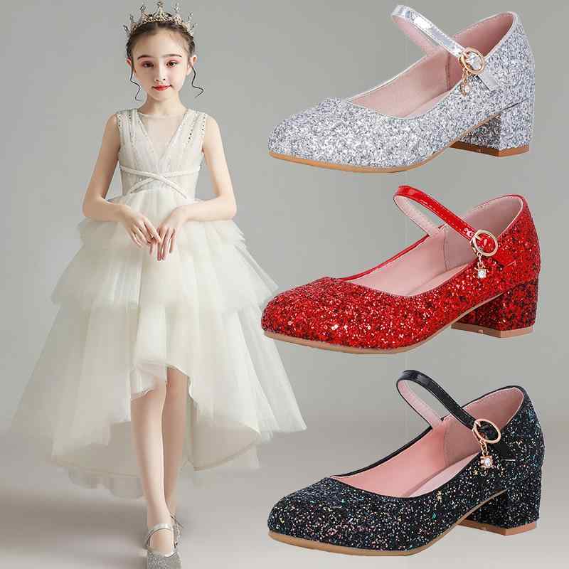 シューズ 女の子 キッズ ジュニア クリスタル プリンセスシューズ ブラック ピンク シルバー ゴールド ホワイト レッド PUレザー ハイヒール パンプス フ...
