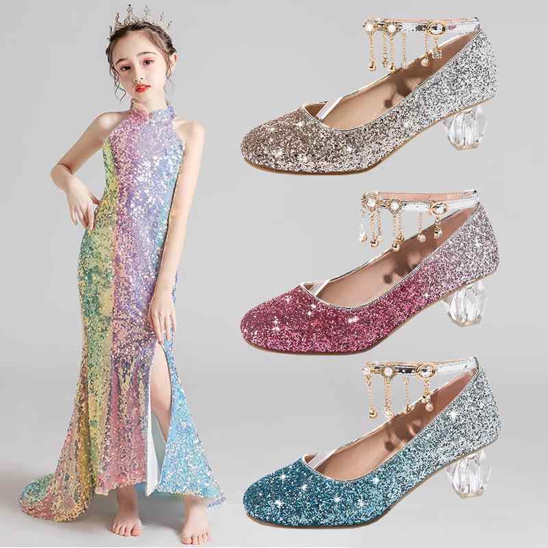 シューズ キッズ 女の子 春夏秋冬 クリスタル プリンセス パンプス 発表会 舞台 ドレス フォーマル ゴールド レッド ブルー ブラック PVC 牛革 PE ...