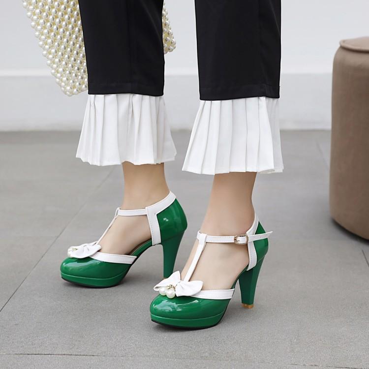 サンダル レディース 女性用 春夏 エナメル チャンキーヒール Tストラップ リボン ラウンドトゥ カット..