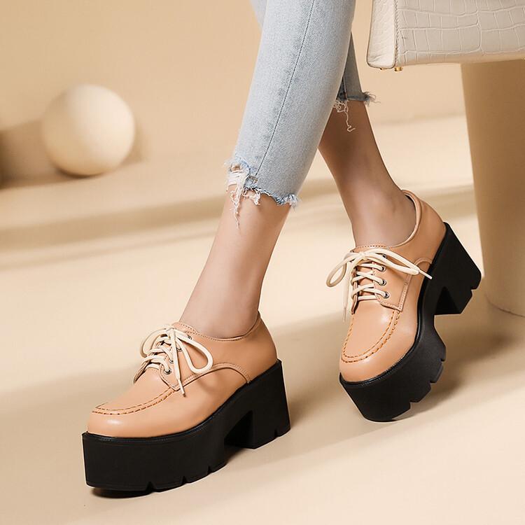 ローファー レディース 春夏 レトロ 厚底 プラットフォーム フロントレースアップ 浅口 ラウンドトゥ PUレザー ブラック ベージュ 普段使い カジュアル お...