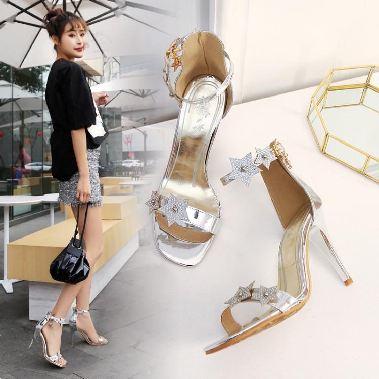 サンダル レディース スクエアトゥ ピンヒール ハイヒール ワンストラップ エナメル素材 スター ライン..