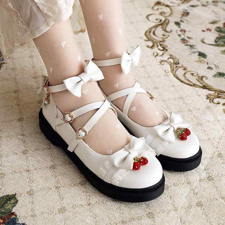 パンプス メリージェーン レディース ロリータ スクール風 リボン フリル ストラップ バックル 浅履き ラウンドトゥ 太ヒール ローヒール 無地 合成皮革 春...