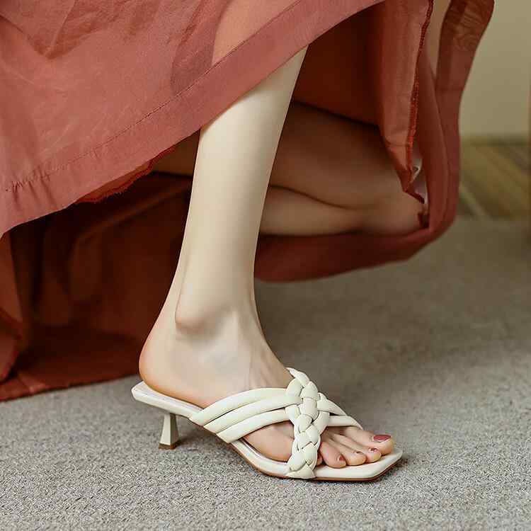 ミュール レディース 春夏 無地 編み込み ワンストラップ オープントゥ ピンヒール ミドルヒール 羊革..