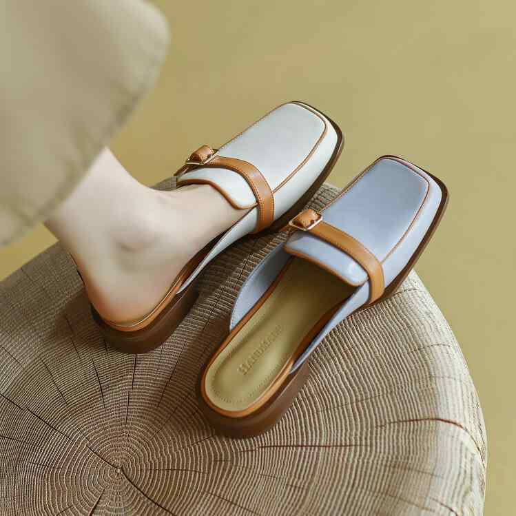 ミュール レディース 女性用 つま先あり ゆったりサイズ 快適 ローヒール サテン 羊革 配色 ベルトバッ..