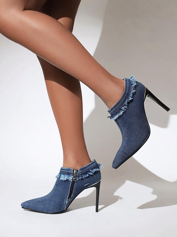 ハイヒール レディース ウォッシュド デニム ポインテッドトゥ パンプス 深め ピンヒール 8cm以上 ブルー 無地 ステッチ 春夏秋 オフィス カジュアル