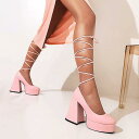 パンプス レディース クロスストラップ プラットフォーム 太ヒール ラウンドトゥ エナメル 欧米風 超ハイヒール 浅口 レースアップ ブラック ブルー ピンク ...