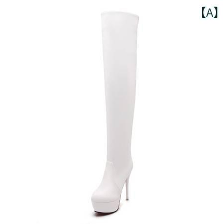 サイハイブーツ レディース 秋冬 厚底 ピンヒール 超高ヒール ラウンドトゥ 欧米風 騎士スタイル 美脚効果 脚長効果 滑り止め 保温 フェイクレザー 合皮 プルオン 幅広いサイズ展開 黒 白 茶色