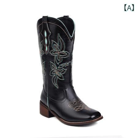 ブーツ レディース 女性用 スクエアトゥ チャンキーヒール 太ヒール 刺繡 花柄 ミドルブーツ フェイクレザー 秋冬 おしゃれ カジュアル お出かけ ブラック ブラウン