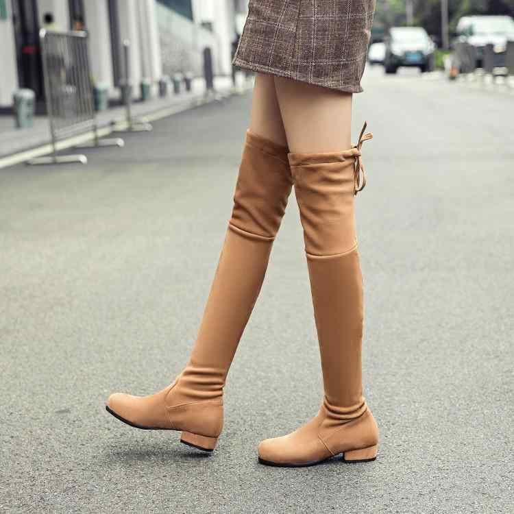 ブーツ レディース ニーハイ丈 ジョッキー ロング丈 ラウンドトゥ ローヒール 太ヒール チャンキーヒール スエード調 ストレッチ バックレースアップ 後ろ編み上げ 防寒 滑り止め カジュアル 秋冬