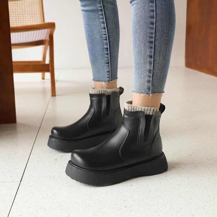 樂天商城 - ショートブーツ レディース 女性用 厚底 スクエアトゥ ニットシャフト 配色切り替え プルオン 合成皮革 フェイクレザー 大きいサイズ 欧米スタイル カレッジ風 普段使い カジュアル 通勤 通学 ホワイト ブラック 春 秋冬