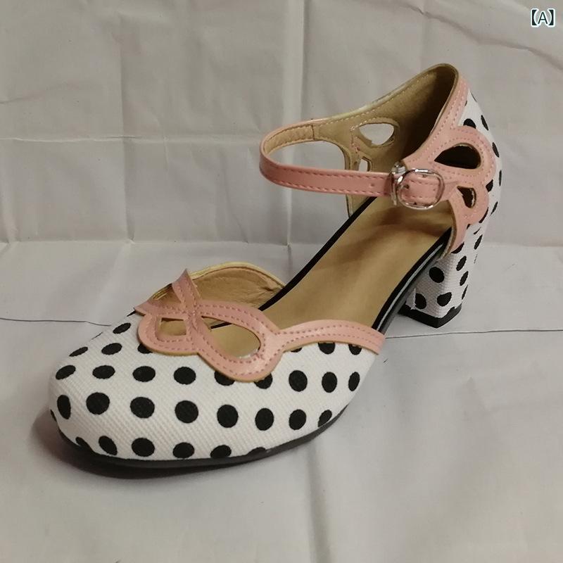 メリージェーンシューズ レディース ラウンドトゥ ストライプ ドット柄 切り替え カットアウト キャンバス フェイクレザー バックル チャンキーヒール カジュア...