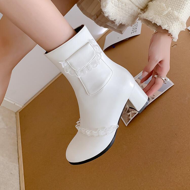 ショートブーツ レディース 女性用 チャンキーヒール フリル ラウンドトゥ サイド...