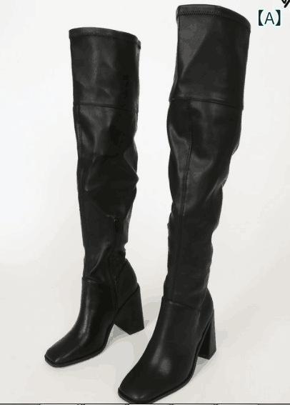 ニーハイブーツ レディース 女性用 無地 ジョッキーブーツ ライディングブーツ PUレザー チャンキーヒール 太ヒール ラウンドトゥ ブラック 黒 秋冬 普段使い カジュアル きれいめ 上品