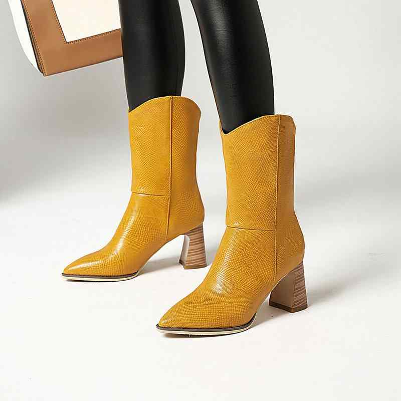 ジョッキーブーツ レディース ハイヒール 太ヒール プラットフォーム ポインテッドトゥ ミドル丈 フェイクレザー カジュアル 無地 秋冬春