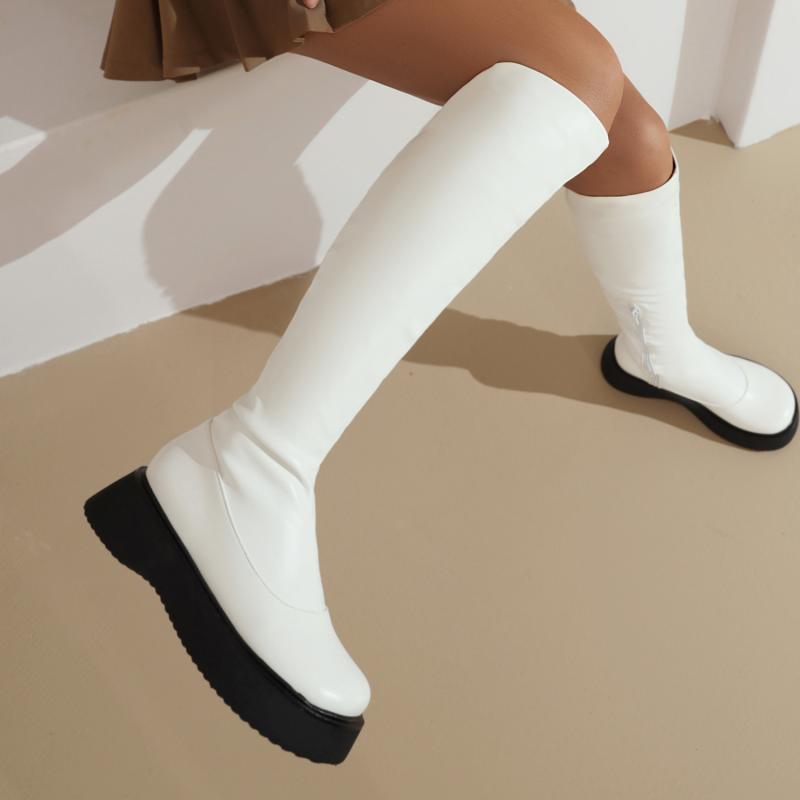 ブーツ レディース ロングブーツ 厚底 サイドジッパー 大きいサイズ 秋冬 PUレザー 合成皮革 カジュアル きれいめ ブラック ホワイト