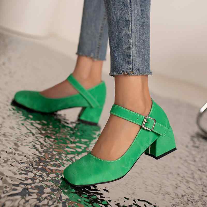 メリージェーンシューズ レディース キャンディカラー ラウンドトゥ 太ヒール ストラップ パンプス 春夏 PUレザー ミドルヒール シンプル 普段使い お出かけ