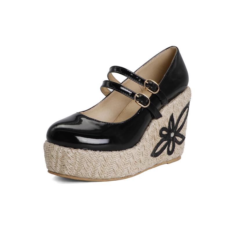 パンプス レディース 厚底 プラットフォーム ウェッジソール 超高ヒール ダブルバックル 浅口 ラウンドトゥ フェイクレザー PUレザー 春秋 普段使い 通勤 ホワイト ブラック