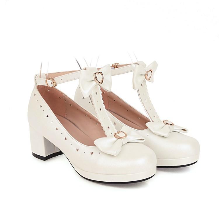 パンプス レディース 春秋 無地 ラウンドトゥ Tストラップ バックル リボン 太ヒール メリージェーン ミドルヒール フェイクレザー デイリー 普段使い お出かけ 通勤 赤 黒 ピンク ベージュ