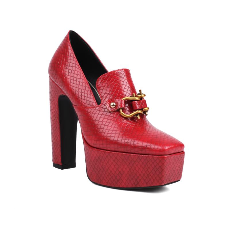 パンプス レディース 厚底 プラットフォーム ハイヒール スクエアトゥ チャンキーヒール 太ヒール 蛇柄 パイソン柄 バックル 合成皮革 レトロ オフィス カジュアル フォーマル オールシーズン