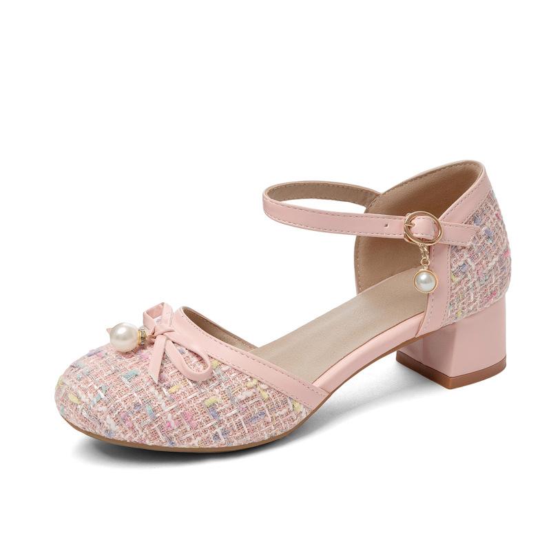 サンダル レディース 女性用 ラウンドトゥ 太ヒール リボン バックル ストラップ 合皮 フェミニン 上品..