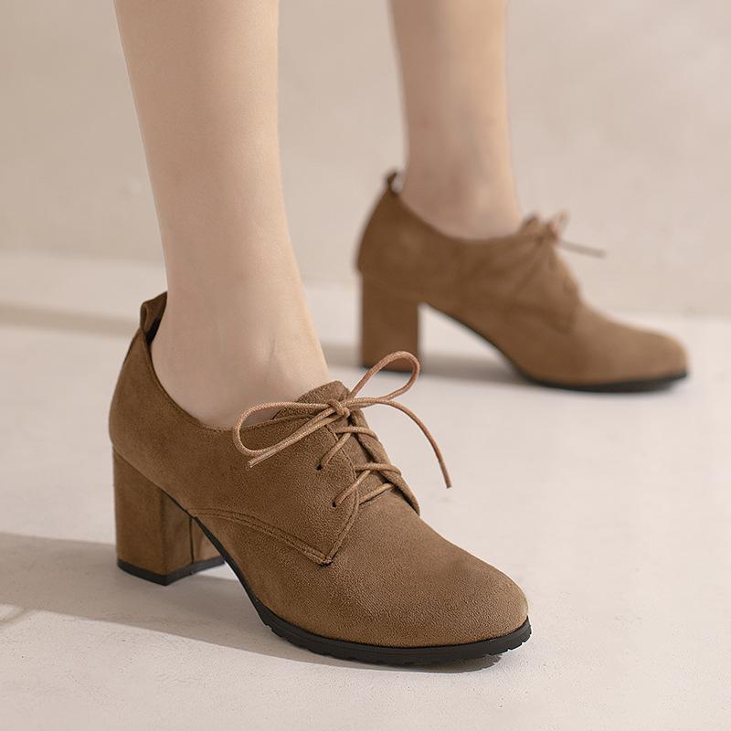 パンプス レディース ブラック スエード ラウンドトゥ チャンキーヒール ハイヒール レースアップ メリージェーン カジュアル 普段使い 春夏