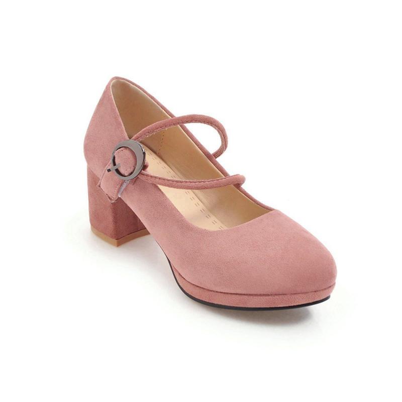 パンプス レディース 女性用 スエード調 合成皮革 太ヒール ハイヒール 浅口 ラウンドトゥ バックル ストラップ 大きいサイズ ブラック アプリコット ピンク...