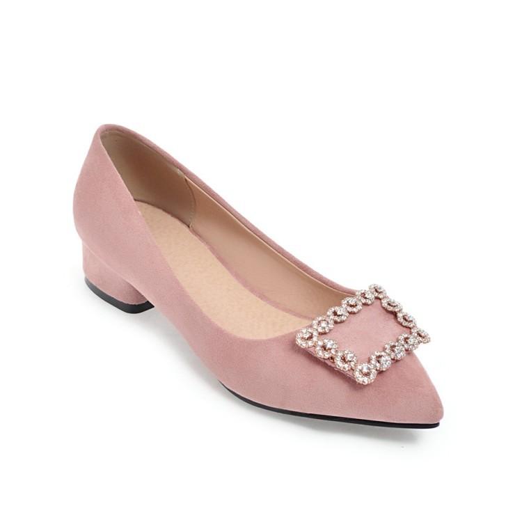 パンプス レディース ローヒール スクエアヒール チャンキーヒール 浅口 ポインテッドトゥ スエード ラインストーン スクエアバックル カジュアル 快適 歩きや...