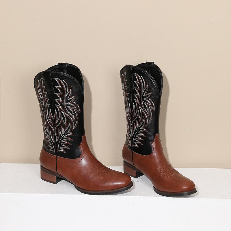 ブーツ 男女兼用 秋冬 ウエスタンブーツ ショートブーツ 太ヒール 刺繍 フェイクレザー 切り替え カジ..