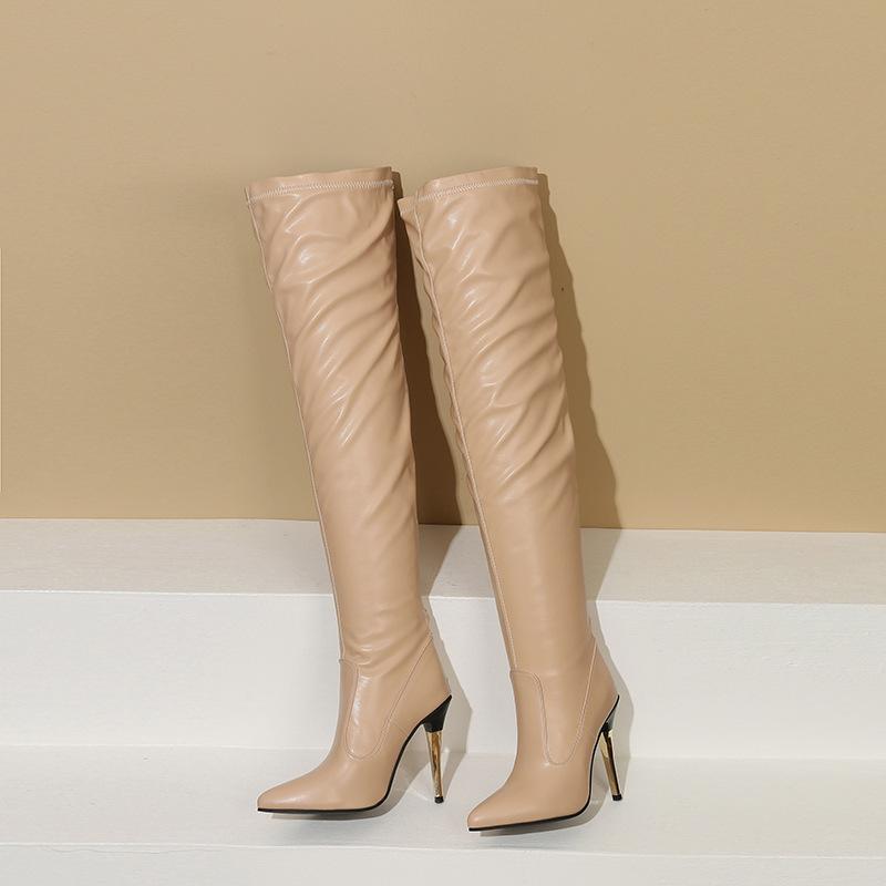 ニーハイブーツ レディース ポインテッドトゥ 細ヒール スティレットヒール スタイルアップ 美脚効果 バックファスナー セクシー 欧米風 春夏 合成皮革 PUレザー ファッション ステッチデザイン ブラック アプリコット
