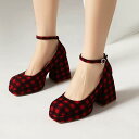 メリージェーンシューズ レディース パンプス 厚底 プラットフォーム 太ヒール チャンキーヒール ハイヒール アンクルストラップ チェック柄 キャンバス ラウン...