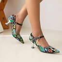 パンプス レディース 女性用 ハイヒール ポインテッドトゥ ローカット 2way ストラップ ピンヒール パイソン柄 切り替え エナメル マット 大きいサイズ ...