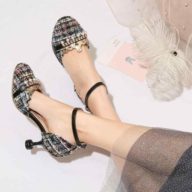 サンダル レディース 女性用 春夏 千鳥格子 ミドルヒール 太ヒール ラウンドトゥ 丸いつま先 ワンスト..