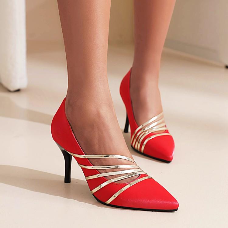 パンプス レディース 大きいサイズ 切り替え 細ストラップ 細ヒール ハイヒール ピンヒール プレーン 浅履き ポインテッドトゥ PUレザー 欧米風 通勤 オフ...