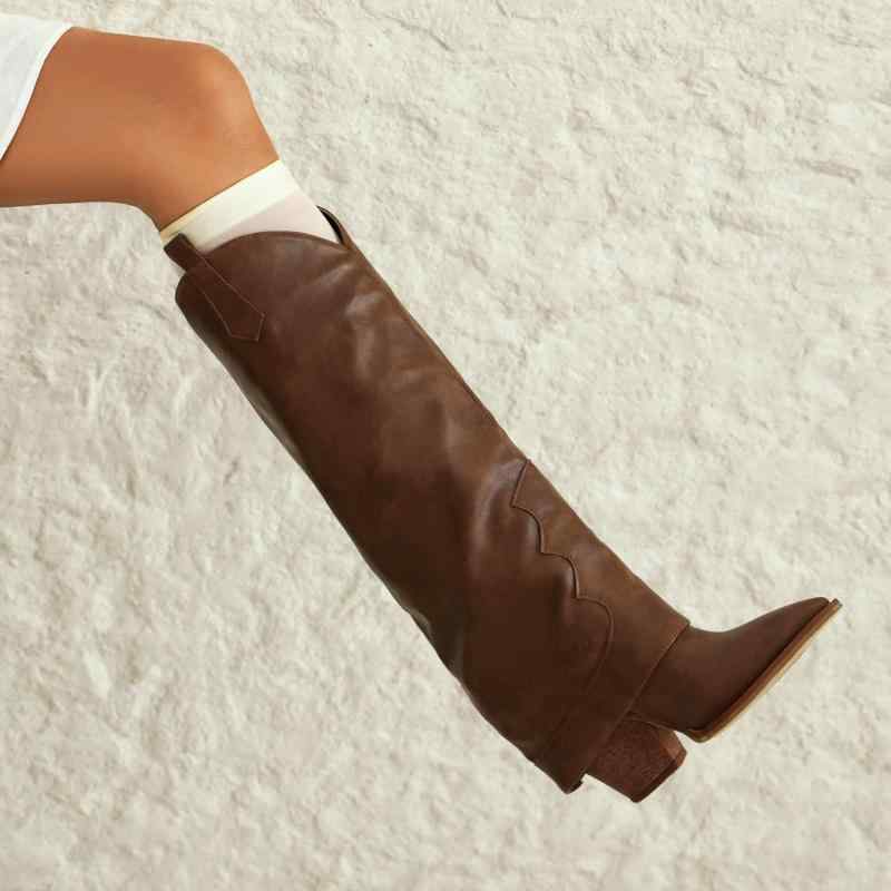 ブーツ レディース 女性用 秋冬 大きいサイズ ゆったり 太ヒール チャンキーヒール ハイヒール ポインテッドトゥ ロング丈 カジュアルスタイル パンツスタイル ブラック ブラウン