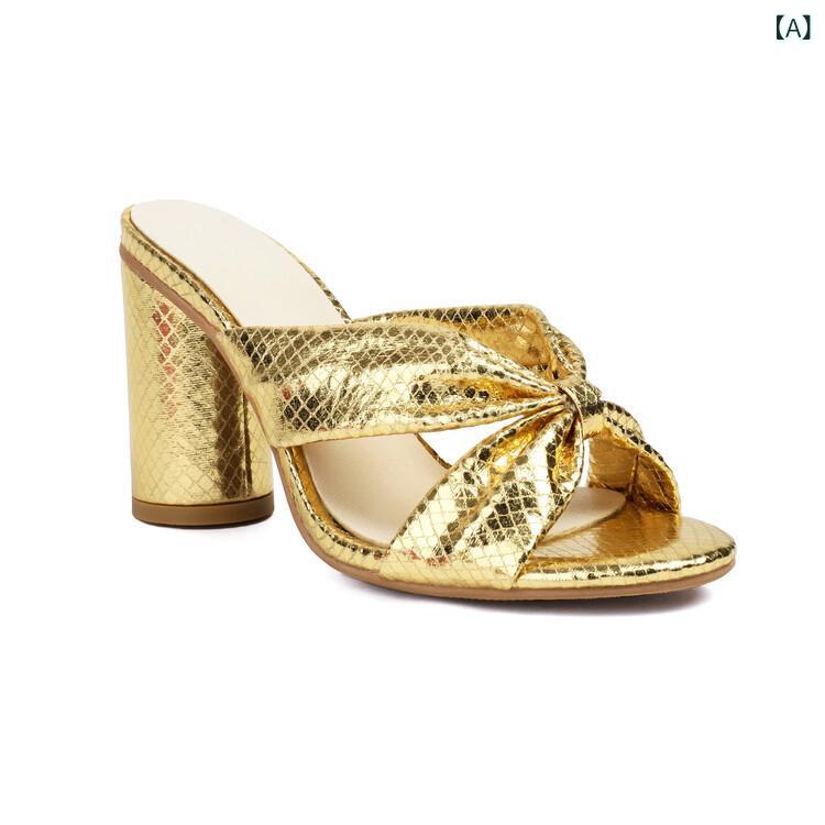 サンダル レディース ミュール 太めハイヒール チャンキーヒール ポインテッドトゥ メタリックカラー 合成皮革 パーティー お呼ばれ きれいめ おしゃれ 春夏