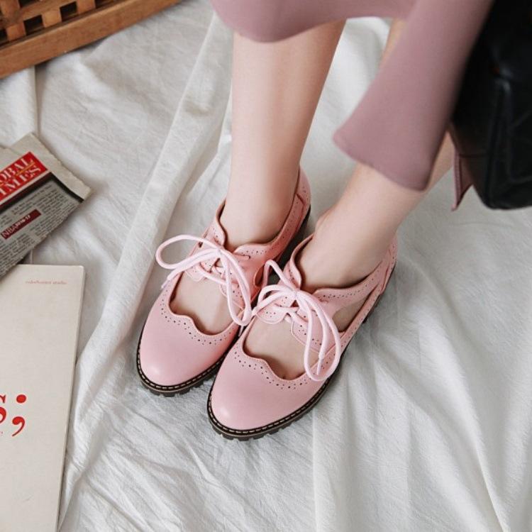 ローファー レディース スクール風 厚底 スクエアチャンキーヒール 高め パンチング レースアップ ラウンドトゥ PUレザー ゴム底 かわいい 甘辛ミックス 学生 通学 普段使い 春夏