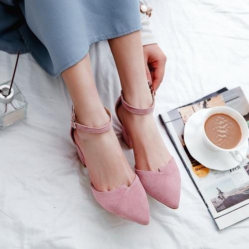 パンプス レディース 女性用 無地 韓国風 ポインテッドトゥ 高め太ヒール アンクルストラップ スエード調 マイクロファイバー ゴム底 春夏 通勤 オフィス デ...