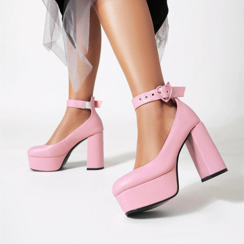 メリージェーン レディース 甲浅 ラウンドトゥ ワンストラップ パンプス 太ヒール チャンキーヒール 厚底 カットアウト 透かし彫り 無地 甘辛ミックス ガーリ...