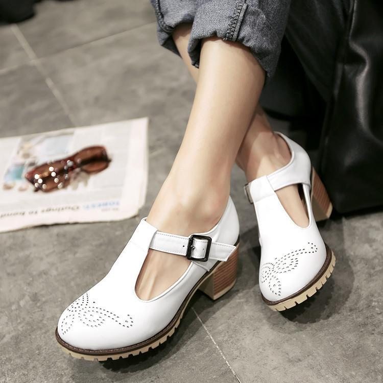 パンプス レディース 女性用 春夏 メリージェーン スクール風 くり抜き 透かし彫り ワンストラップ バックル 太ヒール ラウンドトゥ 無地 ホワイト ピンク ...