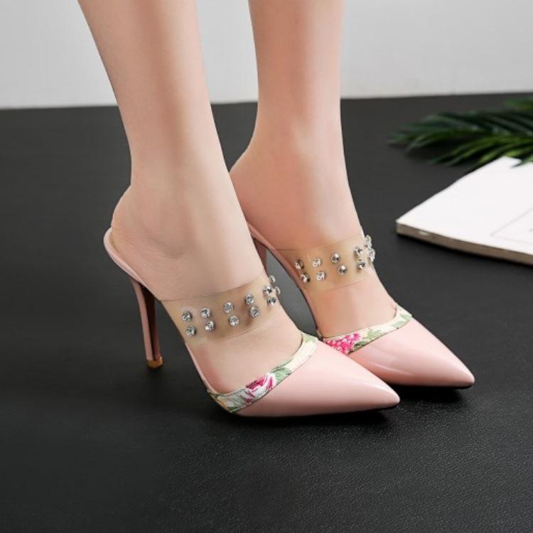 サンダル レディース 春夏 かわいい おしゃれ ハイヒール 細ヒール ピンヒール ラインストーン ビジュー ポインテッドトゥ プリント エナメル 黒 赤 ピンク ベージュ 上品 エレガント パーティー