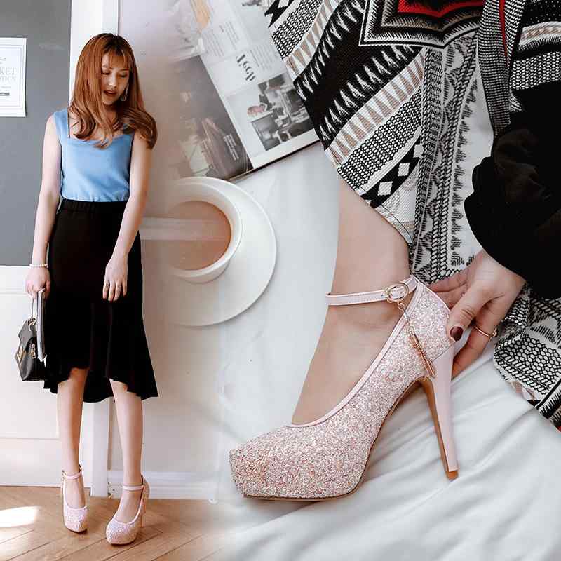 ハイヒール パンプス レディース 女性用 欧米風 ラウンドトゥ ストーム付き プラットフォーム グリッター メタリック タッセル 8cm以上 ピンヒール パーテ...