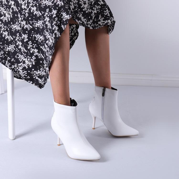 ショートブーツ レディース ポインテッドトゥ サイドジップ サイドファスナー 無地 単色 フェイクレザー 細ヒール ピンヒール ハイヒール オールシーズン カジュアル きれいめ 通勤 オフィス