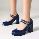 メリージェーン レディース スクエアトゥ 太ヒール バックル 浅め ミドルカット シンプル フェミニン ハイヒール パンプス 安定感 歩きやすい 通勤 オフィス...
