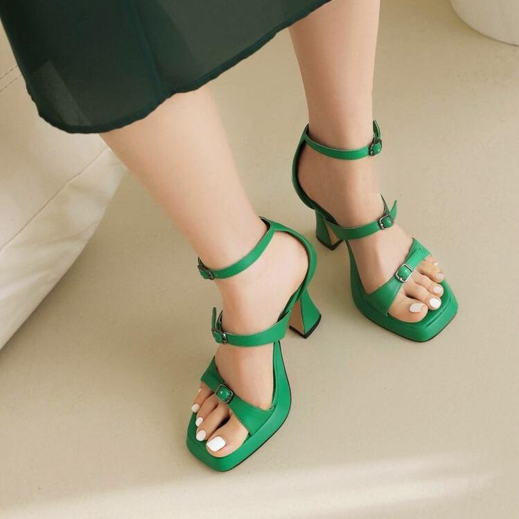 サンダル レディース 春夏 シンプル おしゃれ 欧米風 高級感 スクエアトゥ チャンキーヒール 10cmヒー..