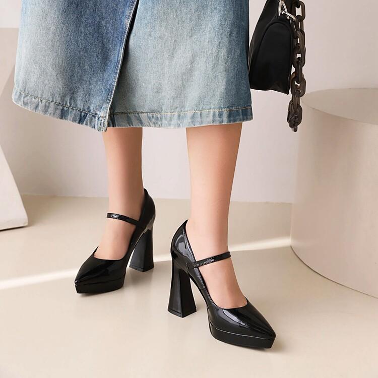 パンプス レディース ハイヒール 10.5cmヒール 太ヒール チャンキーヒール ポインテッドトゥ ワンストラップ ストーム プラットフォーム エナメル素材 フ...