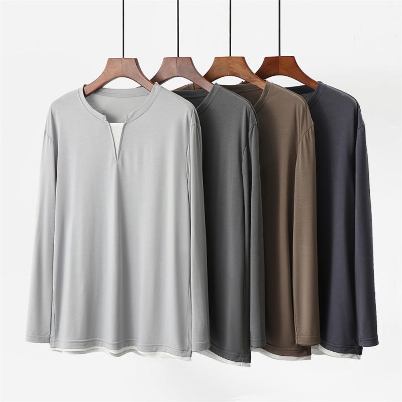 パジャマ メンズ 再生繊維 ゆったり 長袖 Vネック Tシャツ フェイクツーピース 薄手 春夏秋 通気性 伸縮性 快適 部屋着 カジュアル シンプル 深グレー 浅グレー ブラウン