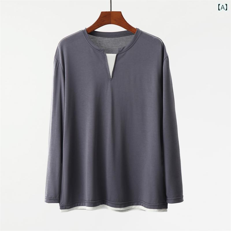 way-ugoのパジャマ メンズ 再生繊維 ゆったり 長袖 Vネック Tシャツ フェイクツーピース 薄手 春夏秋 通気性 伸縮性 快適 部屋着 カジュアル シンプル 深グレー 浅グレー ブラウン｜アングル2