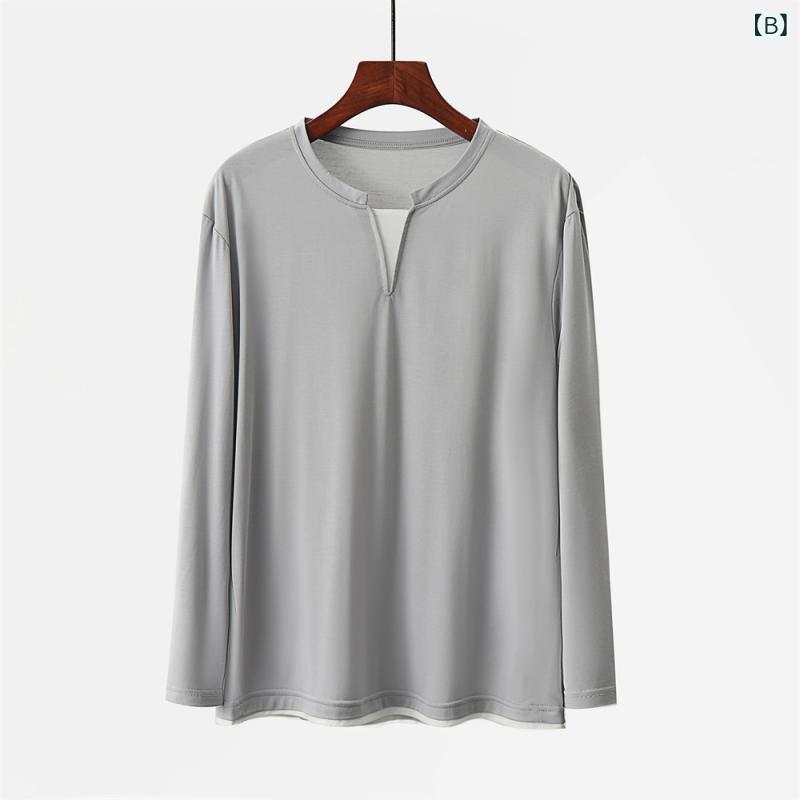 way-ugoのパジャマ メンズ 再生繊維 ゆったり 長袖 Vネック Tシャツ フェイクツーピース 薄手 春夏秋 通気性 伸縮性 快適 部屋着 カジュアル シンプル 深グレー 浅グレー ブラウン｜アングル3