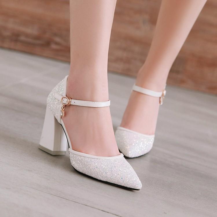 サンダル レディース 韓国ファッション キラキラ スパンコール 太ヒール ポインテッドトゥ バックル ストラップ ハイヒール 夏 ブラック ピンク ホワイト アイボリー きれいめ お洒落